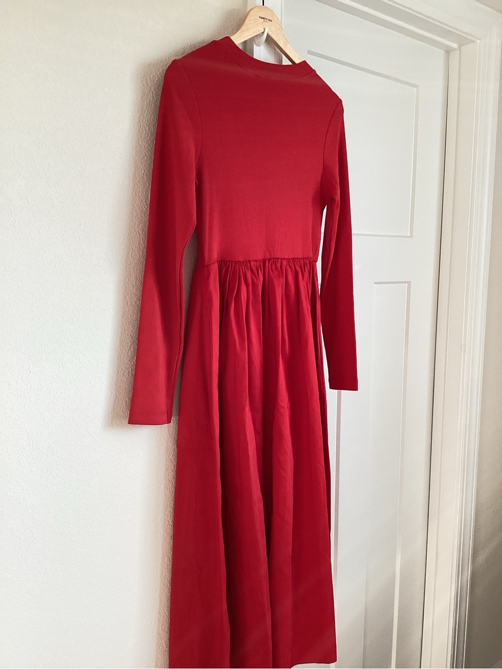 Anthropologie Long Sleeve Dress Crew Neck Twofer Button Front Midi New Small Red - Picture 10 of 12